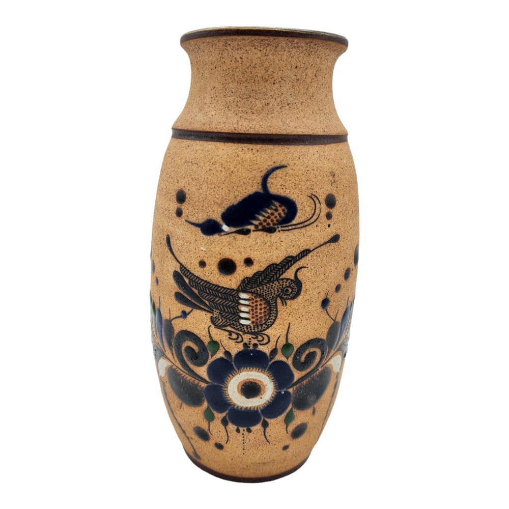 VTG Tonala Mexican Folk Art Pottery Vase Blue Sandstone Floral Bird Signed 9"